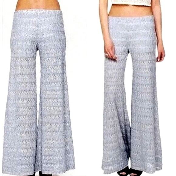 Free People Pants - Light Gray Wide-Leg Crochet Pants